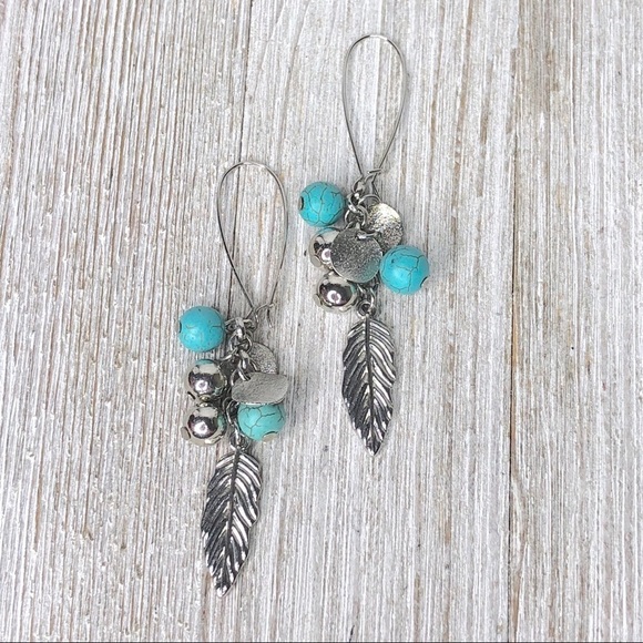 Faux Turquoise and Silver Feather Cluster Earrings - Picture 1 of 6
